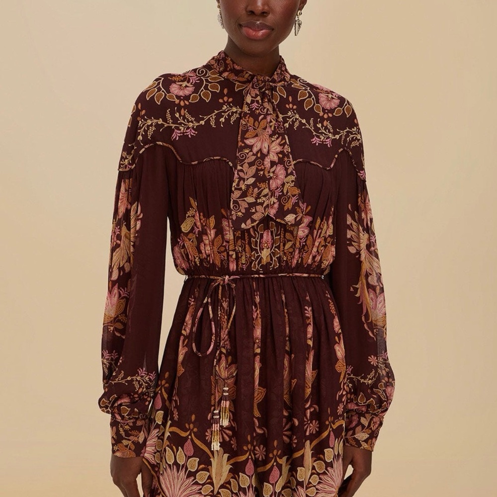 FARM Rio Burgundy Floral Long Sleeve Dress